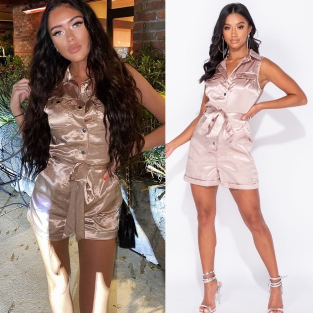 Sleeveless Satin Tie-Waist Romper in Champagne